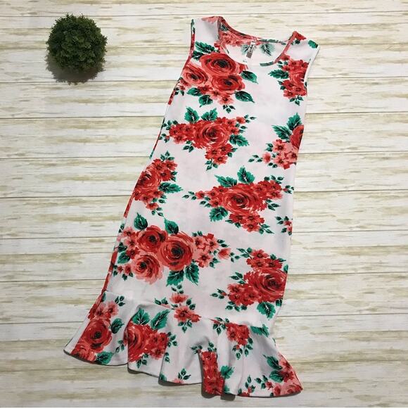 Long‎ Modest Spring Summer Sleeveless Floral Ruffle Peplum Fitted Dress Small - Picture 1 of 3